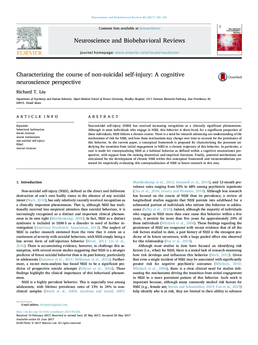 Characterizing the course of non-suicidal self-injury: A cognitive neuroscience perspective