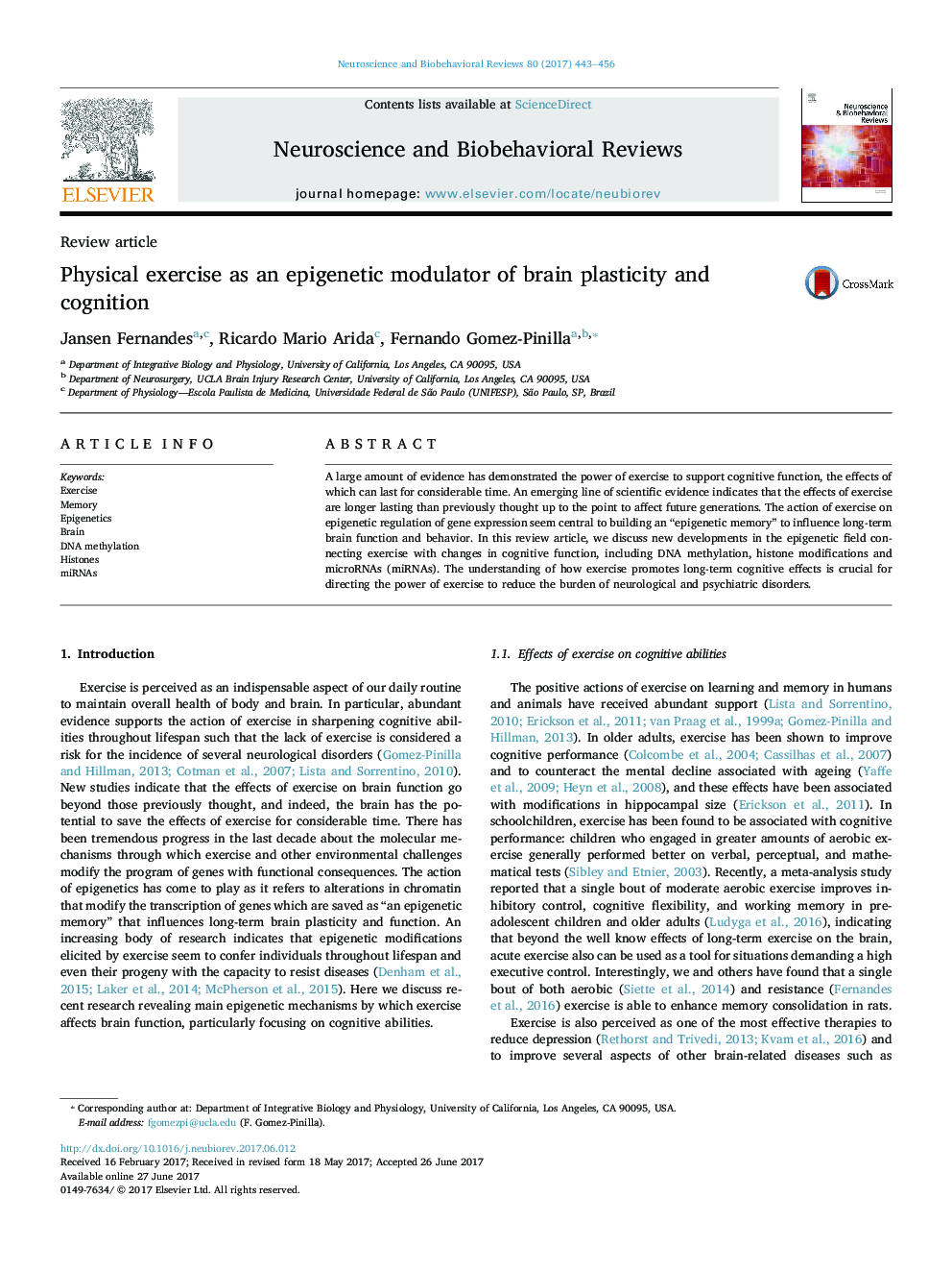 Physical exercise as an epigenetic modulator of brain plasticity and cognition