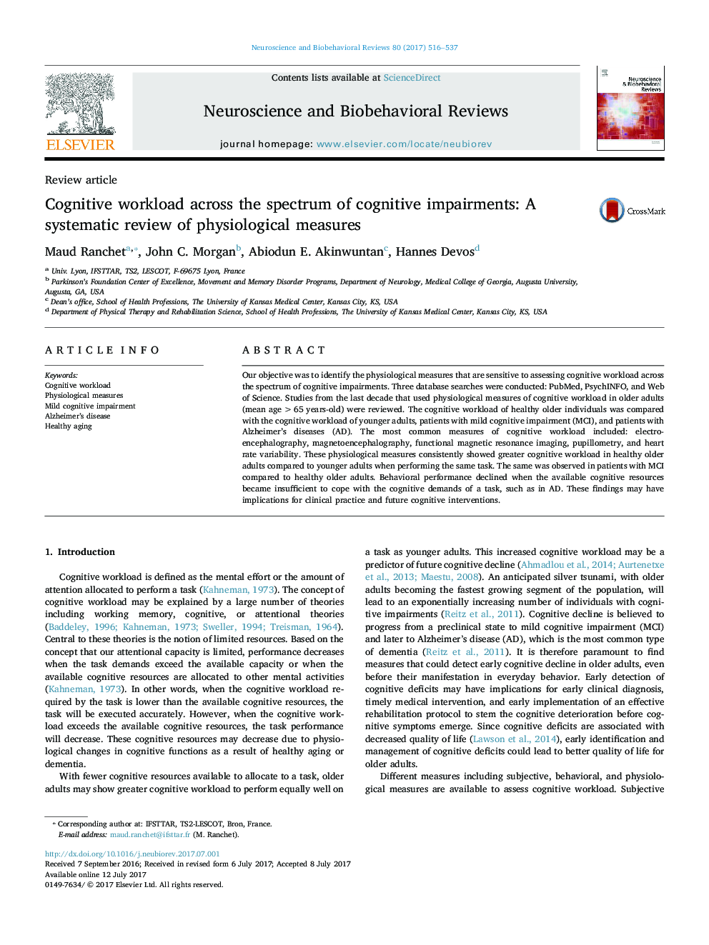 Cognitive workload across the spectrum of cognitive impairments: A systematic review of physiological measures