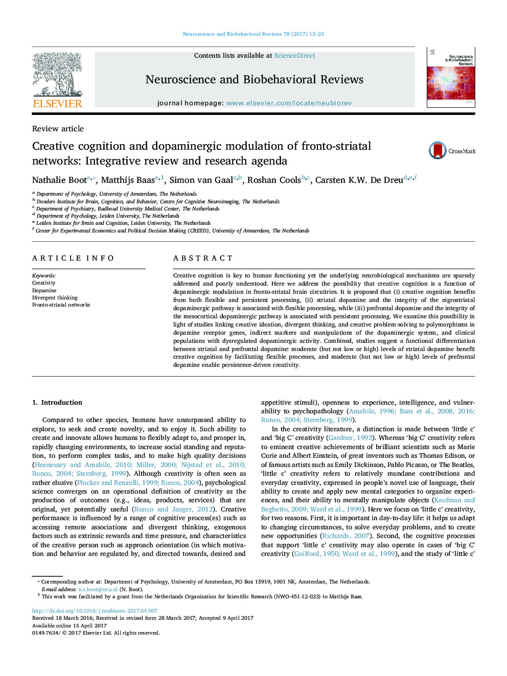 Creative cognition and dopaminergic modulation of fronto-striatal networks: Integrative review and research agenda