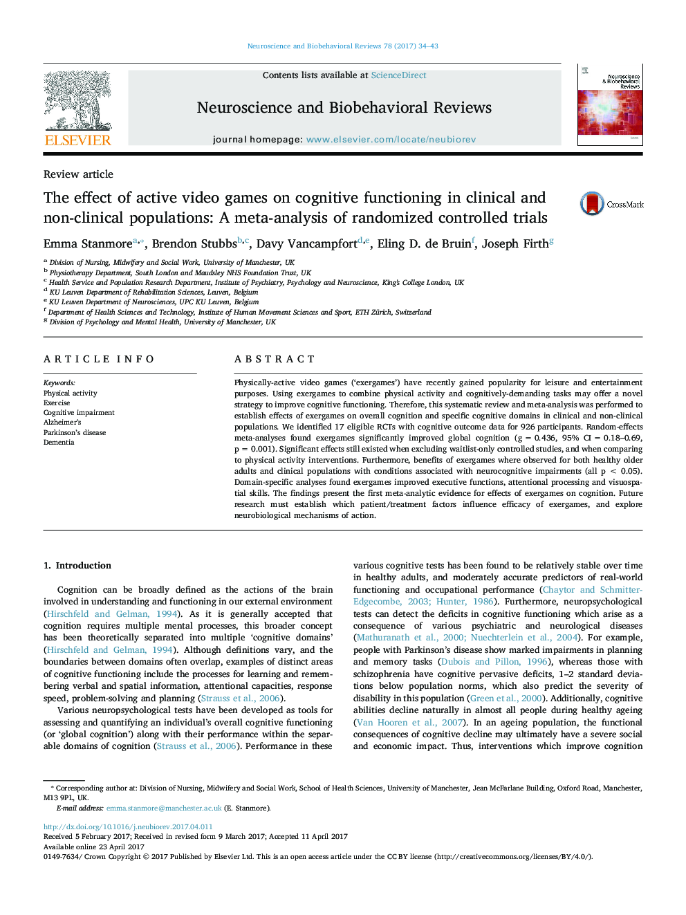 The effect of active video games on cognitive functioning in clinical and non-clinical populations: A meta-analysis of randomized controlled trials