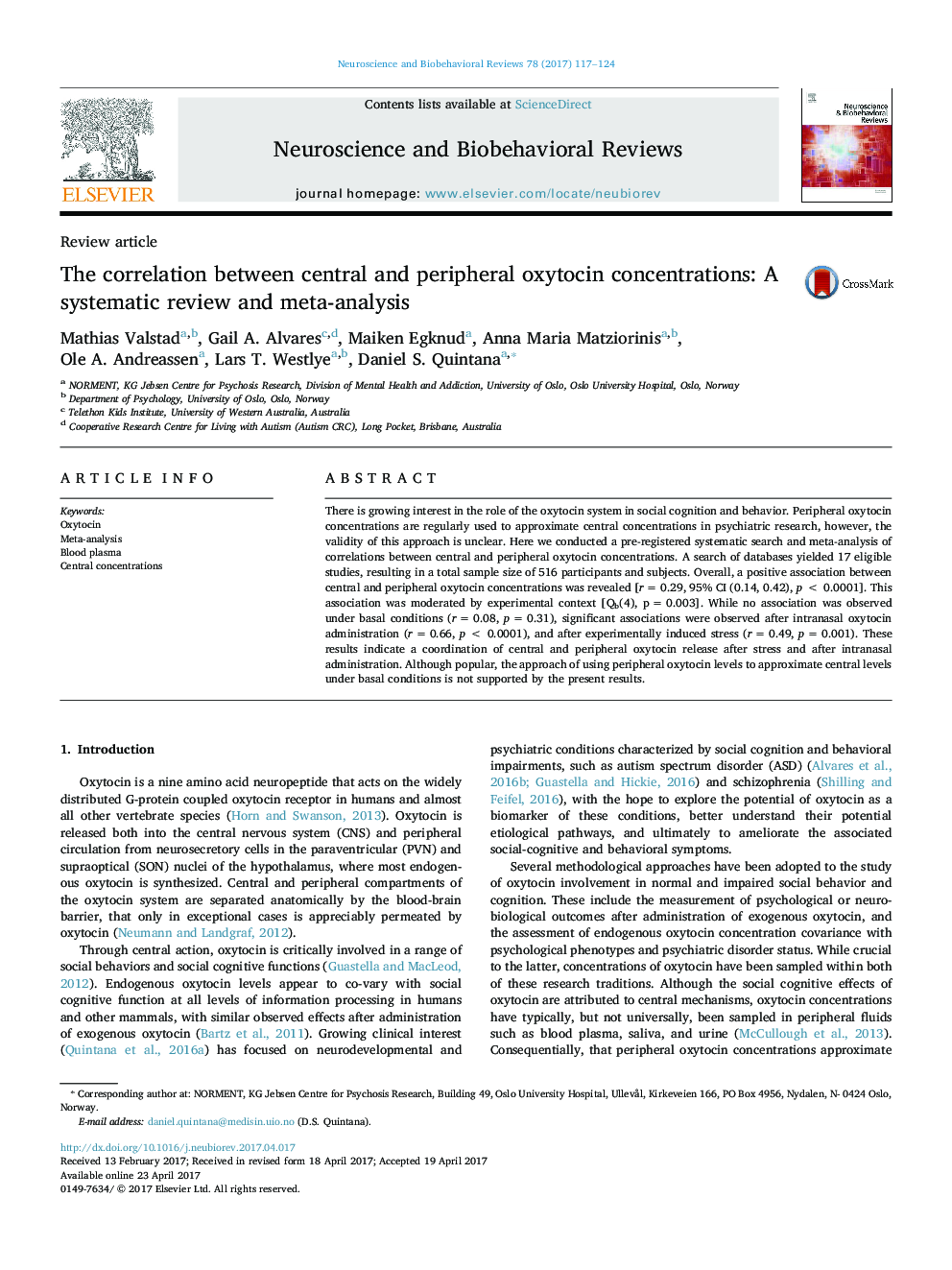همبستگی بین غلظت اکسیتوسین مرکزی و محیطی: یک بررسی سیستماتیک و متاآنالیز 