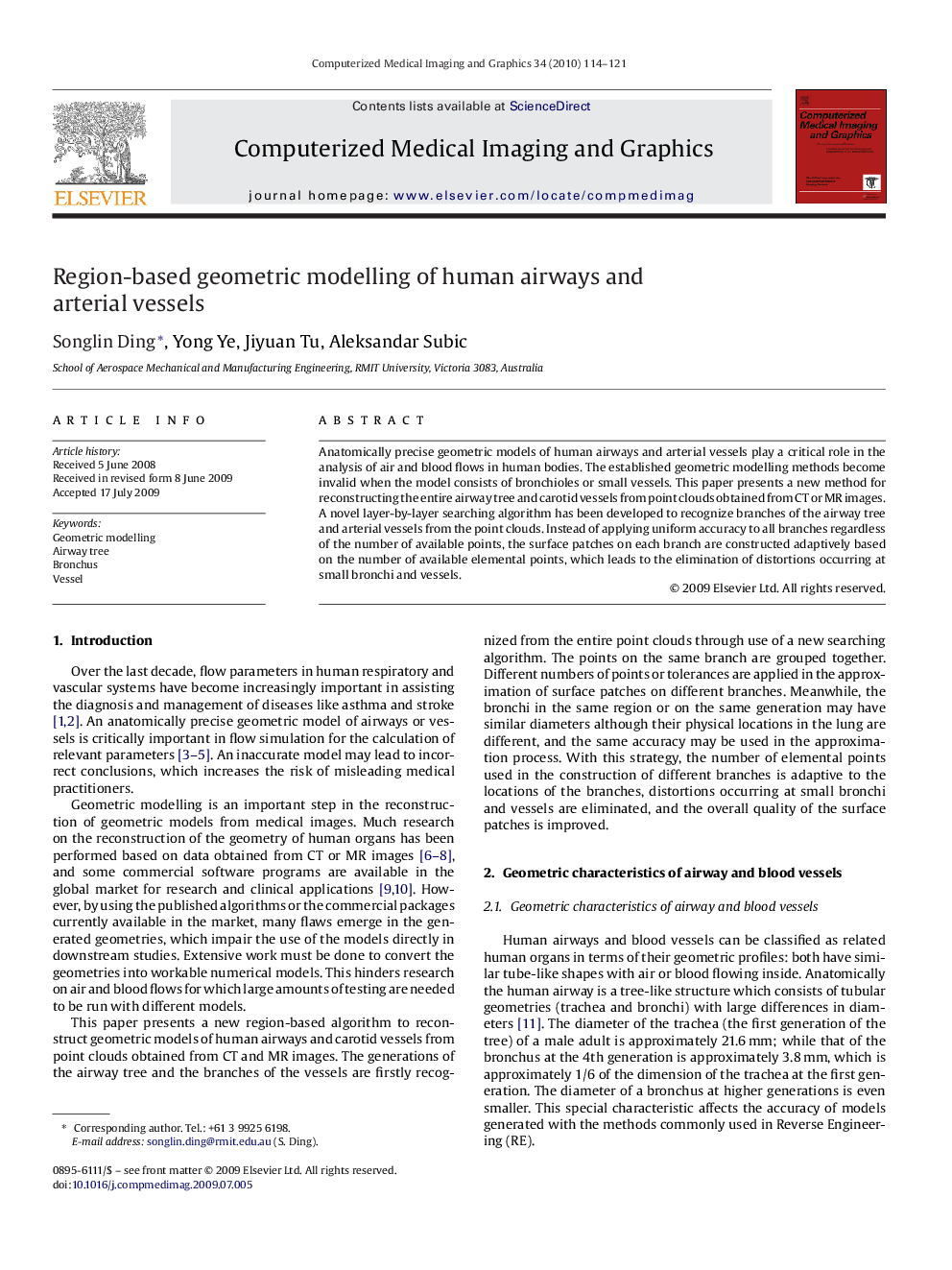 Region-based geometric modelling of human airways and arterial vessels