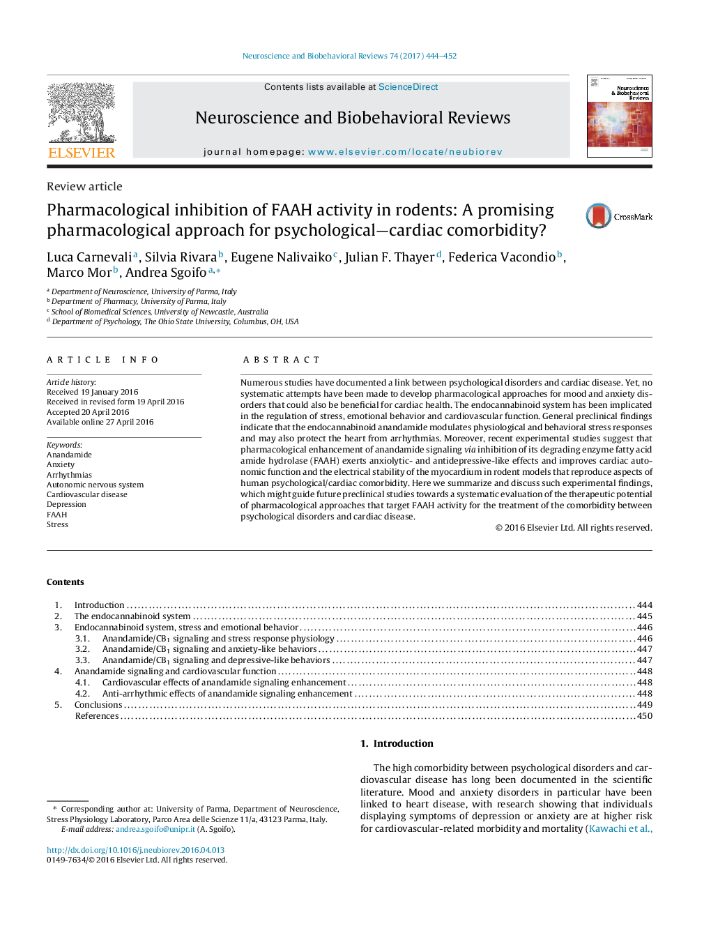 Pharmacological inhibition of FAAH activity in rodents: A promising pharmacological approach for psychological-cardiac comorbidity?