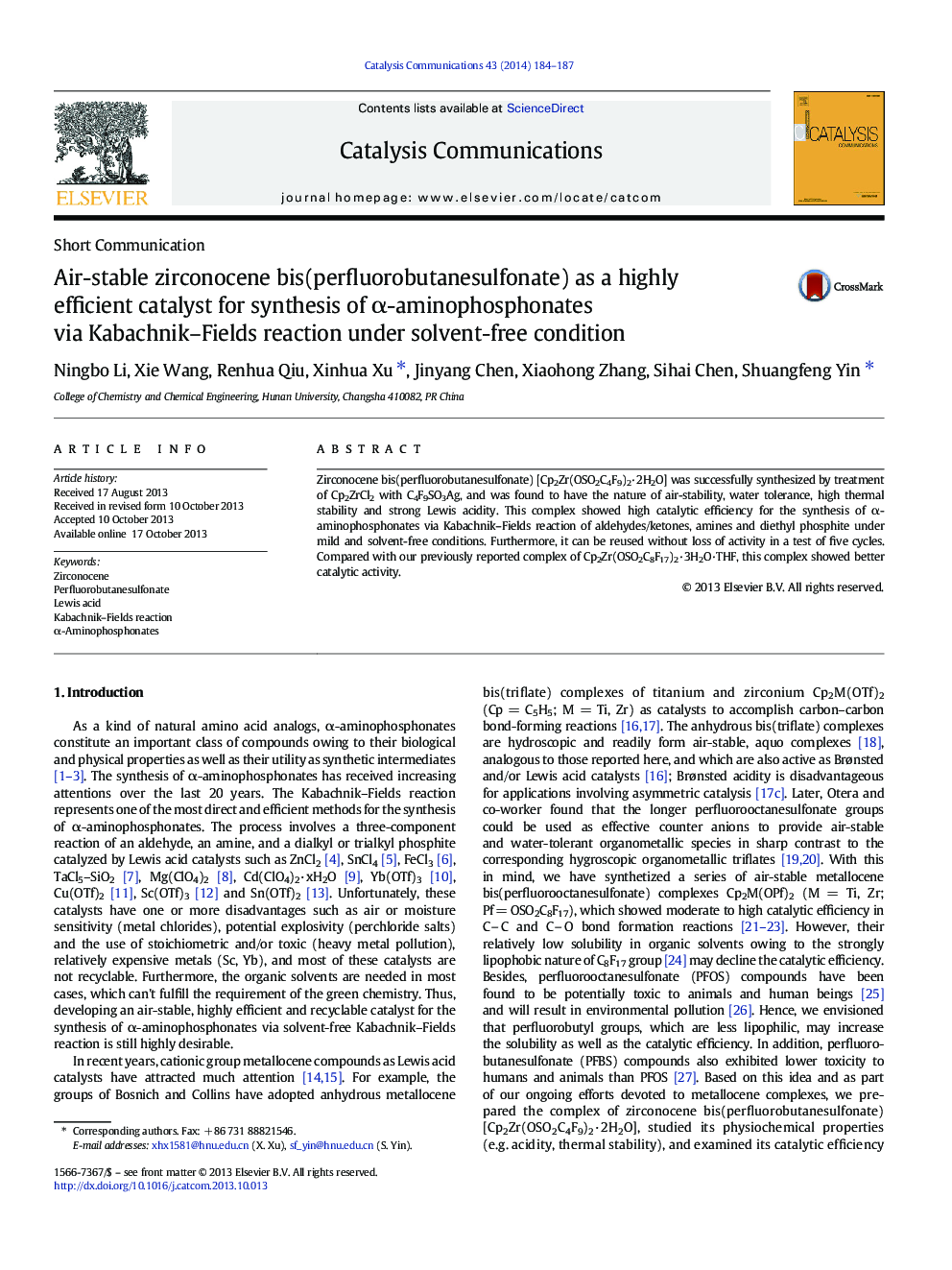 Air-stable zirconocene bis(perfluorobutanesulfonate) as a highly efficient catalyst for synthesis of α-aminophosphonates via Kabachnik–Fields reaction under solvent-free condition