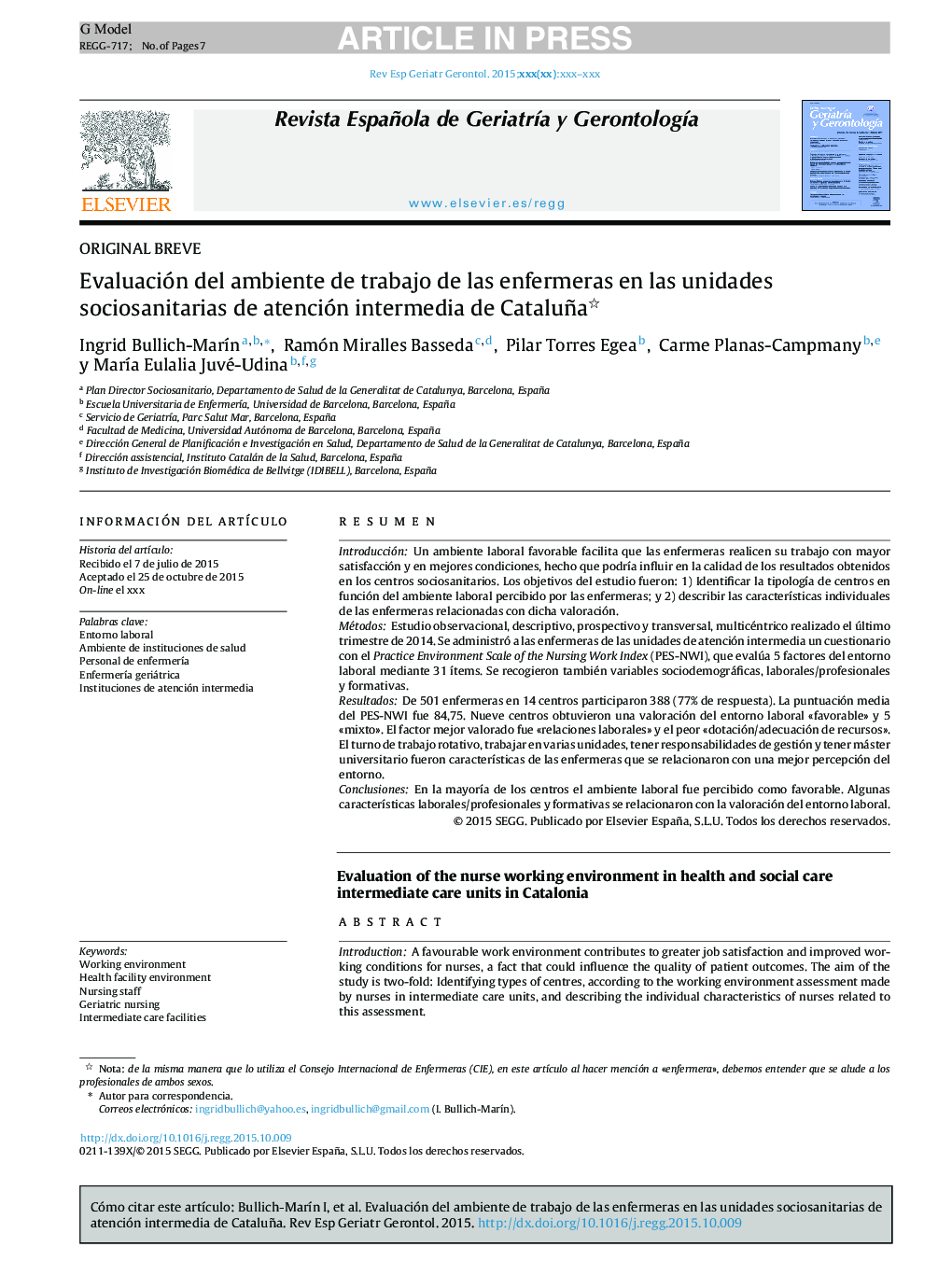 Evaluación del ambiente de trabajo de las enfermeras en las unidades sociosanitarias de atención intermedia de Cataluña