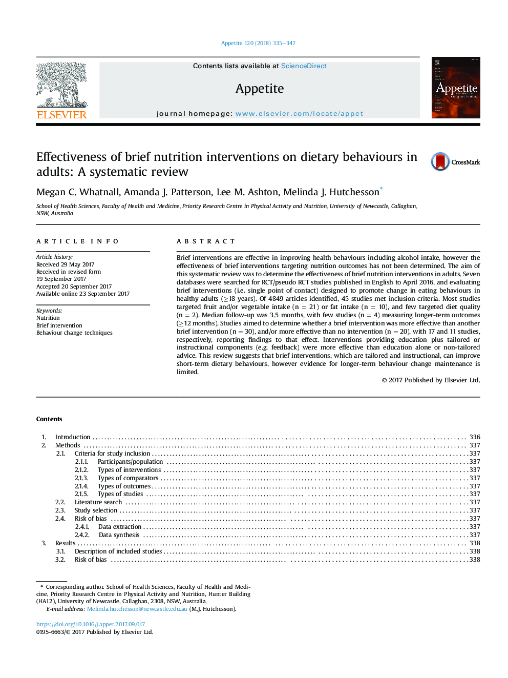 Effectiveness of brief nutrition interventions on dietary behaviours in adults: A systematic review