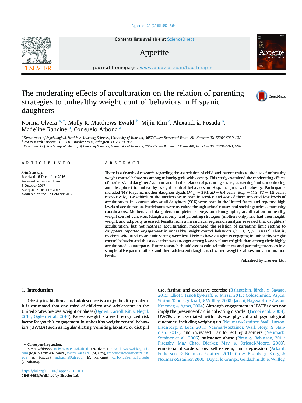 The moderating effects of acculturation on the relation of parenting strategies to unhealthy weight control behaviors in Hispanic daughters