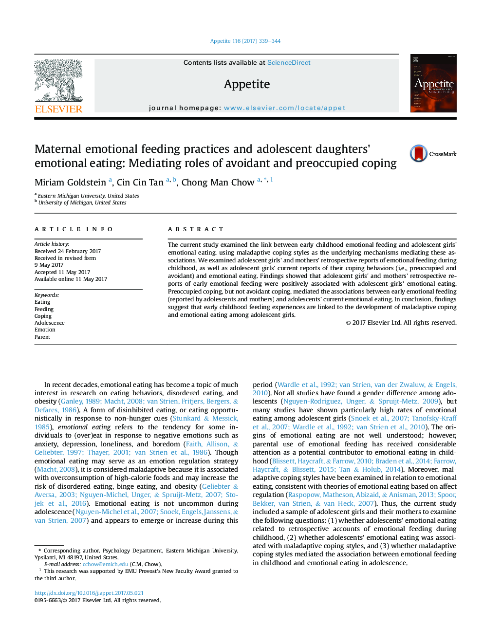 Maternal emotional feeding practices and adolescent daughters' emotional eating: Mediating roles of avoidant and preoccupied coping