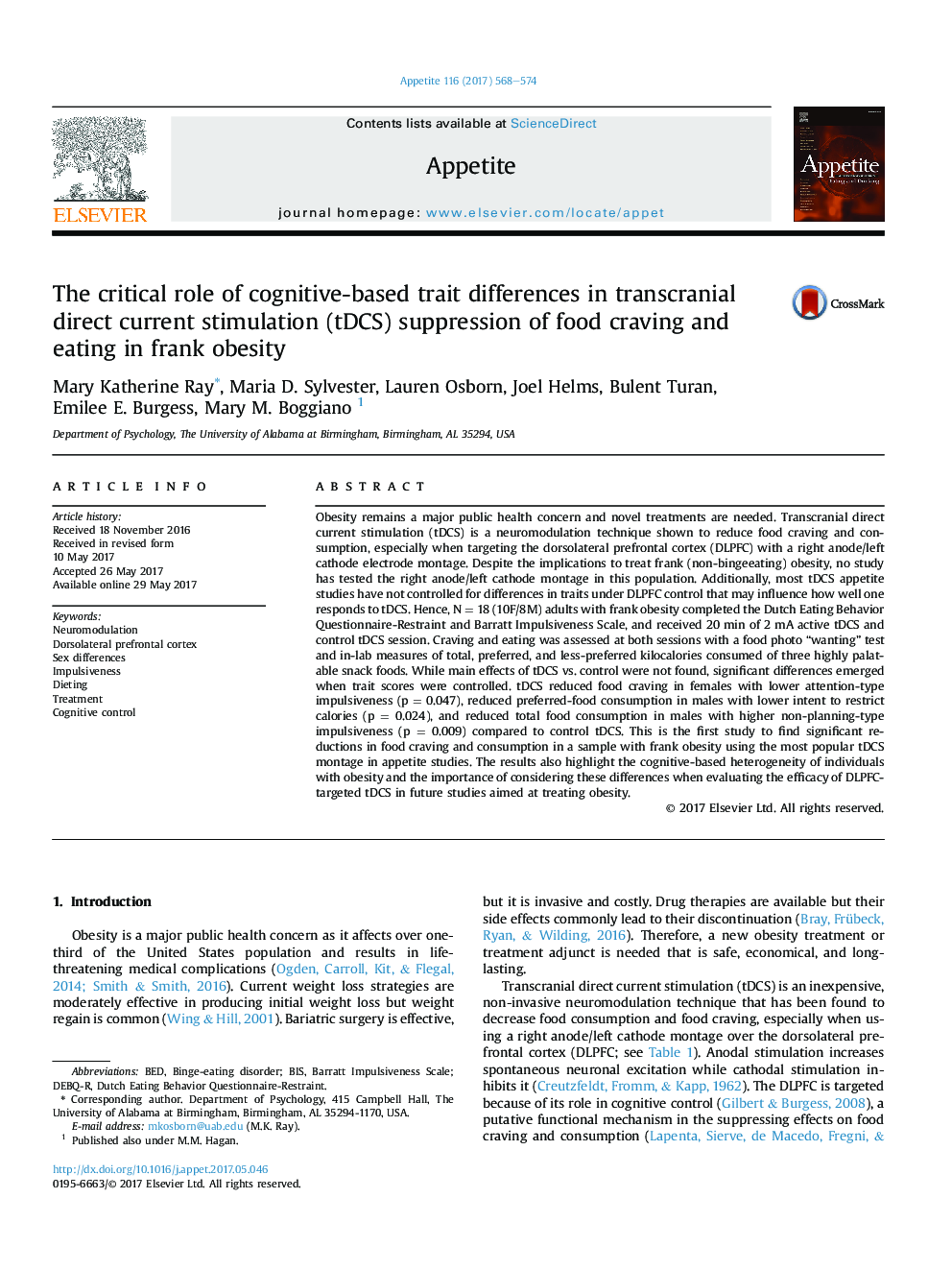 The critical role of cognitive-based trait differences in transcranial direct current stimulation (tDCS) suppression of food craving and eating in frank obesity