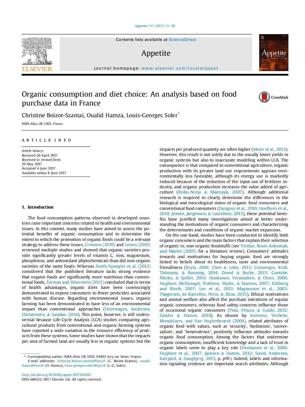 Organic consumption and diet choice: An analysis based on food purchase data in France