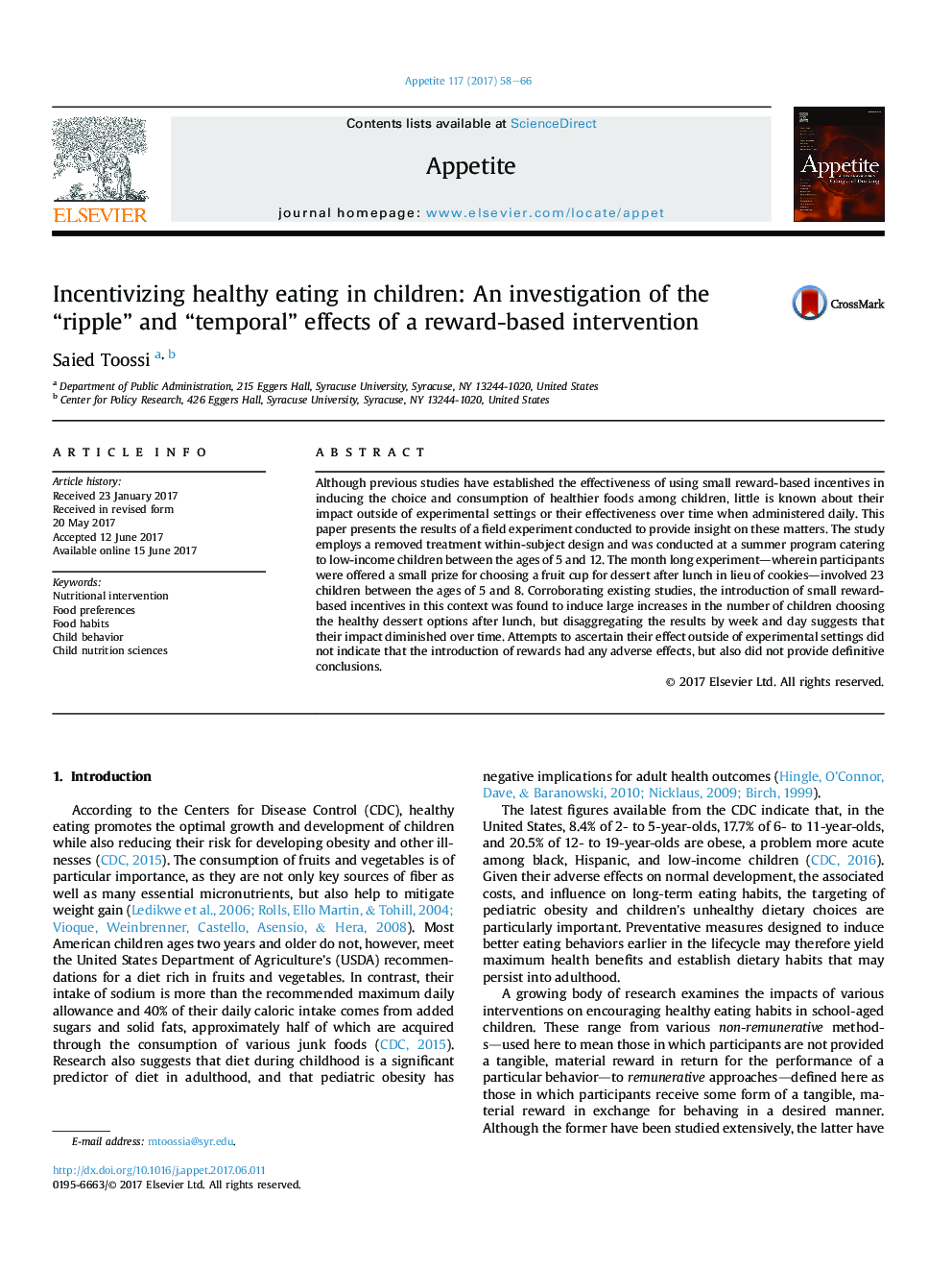 Incentivizing healthy eating in children: An investigation of the “ripple” and “temporal” effects of a reward-based intervention