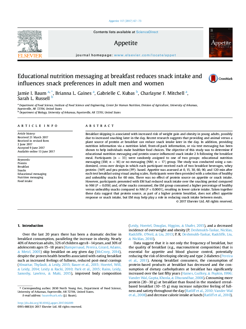 Educational nutrition messaging at breakfast reduces snack intake and influences snack preferences in adult men and women