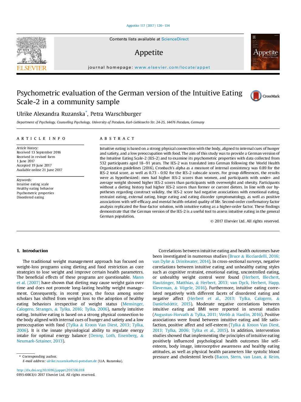 Psychometric evaluation of the German version of the Intuitive Eating Scale-2 in a community sample