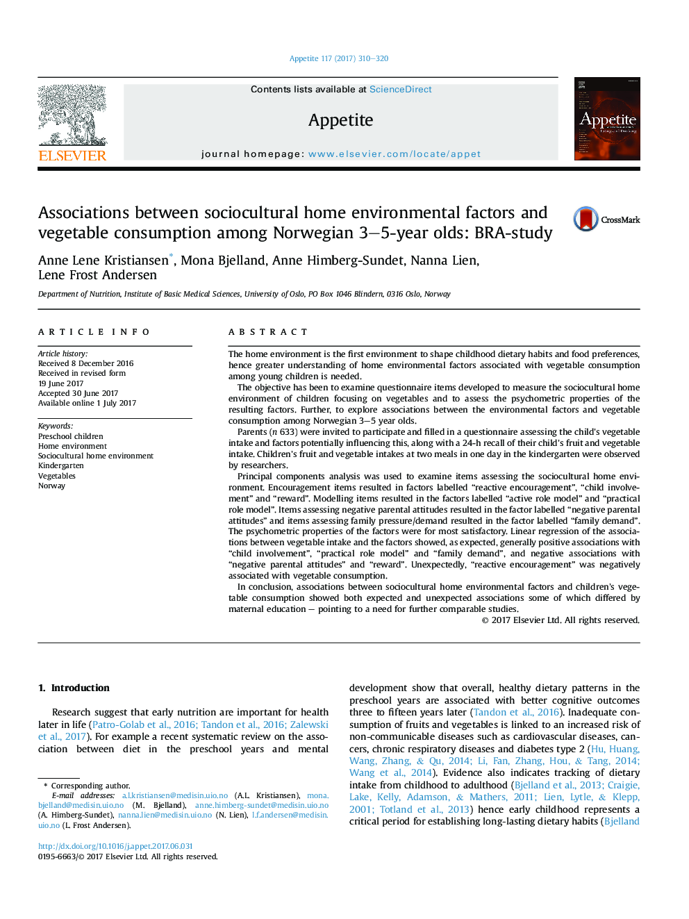 Associations between sociocultural home environmental factors and vegetable consumption among Norwegian 3-5-year olds: BRA-study