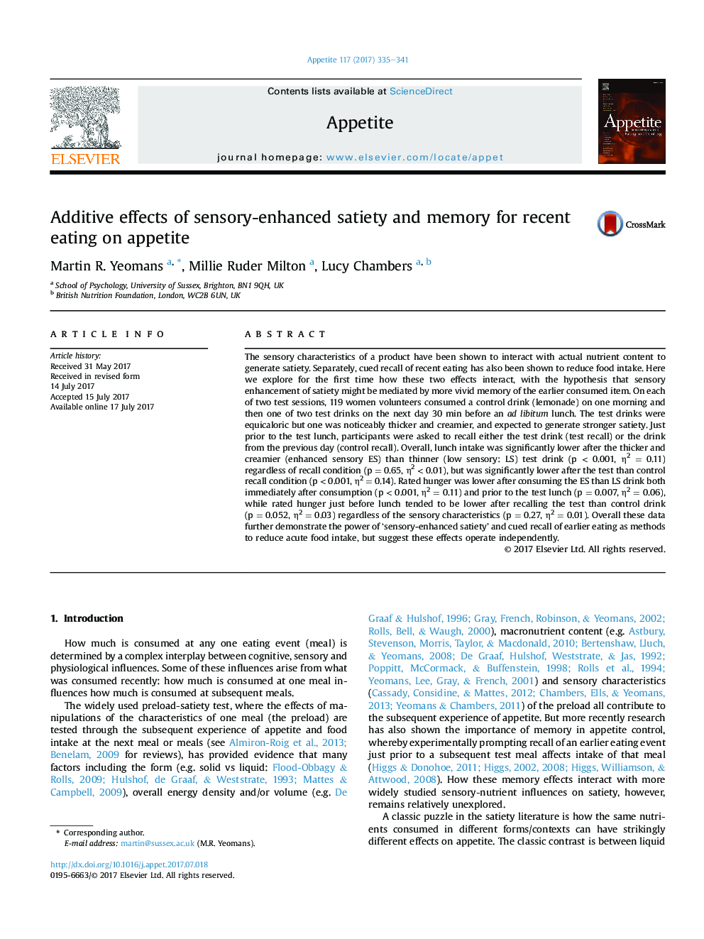 Additive effects of sensory-enhanced satiety and memory for recent eating on appetite