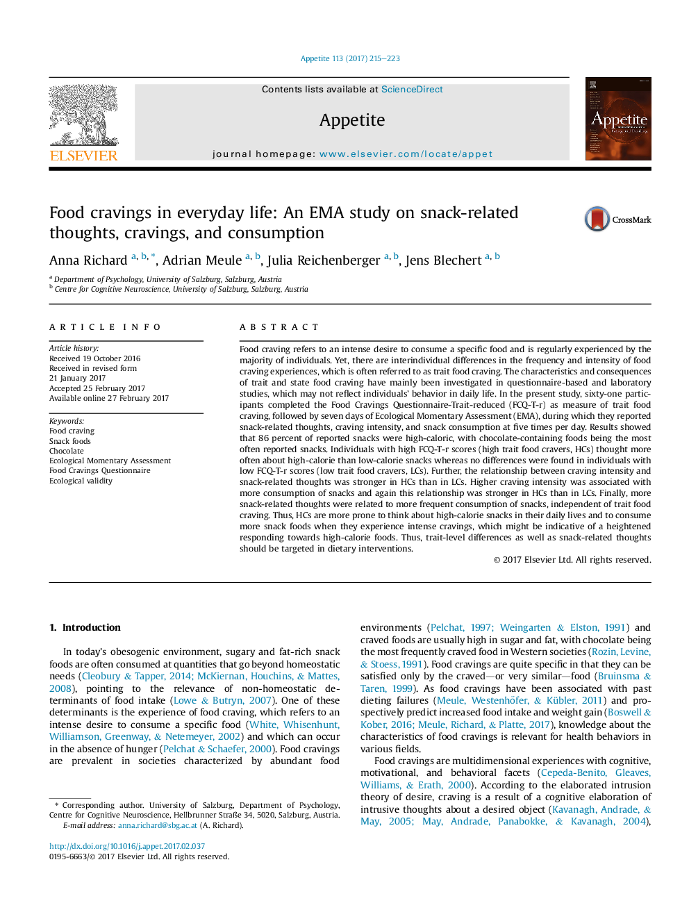 Food cravings in everyday life: An EMA study on snack-related thoughts, cravings, and consumption