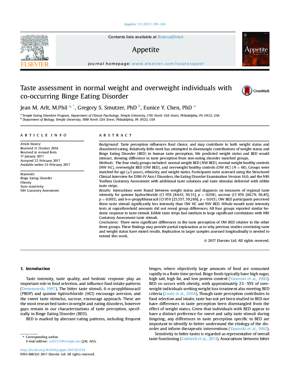 Taste assessment in normal weight and overweight individuals with co-occurring Binge Eating Disorder