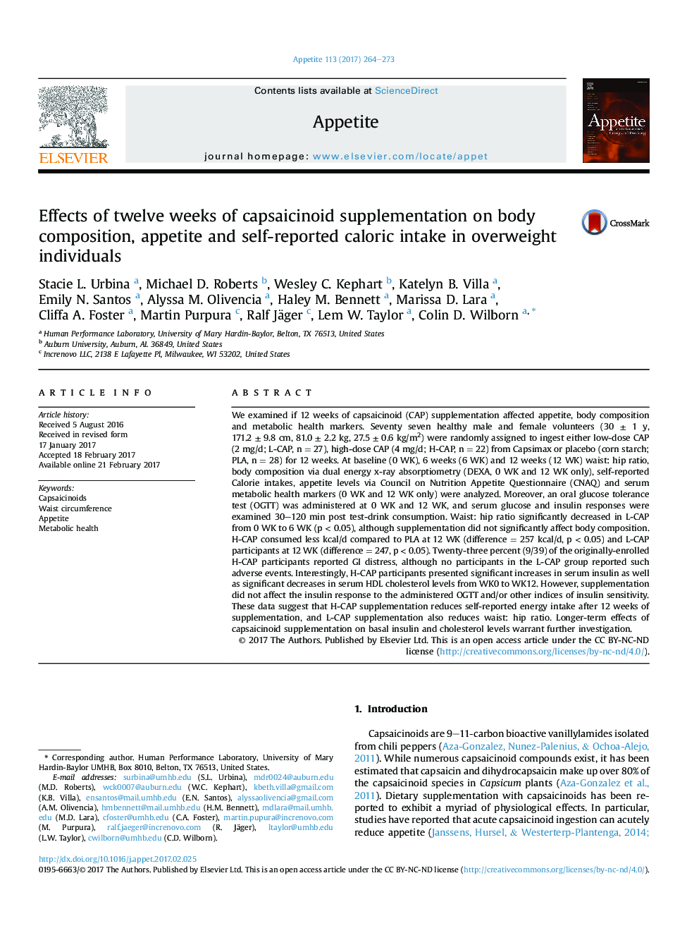 Effects of twelve weeks of capsaicinoid supplementation on body composition, appetite and self-reported caloric intake in overweight individuals