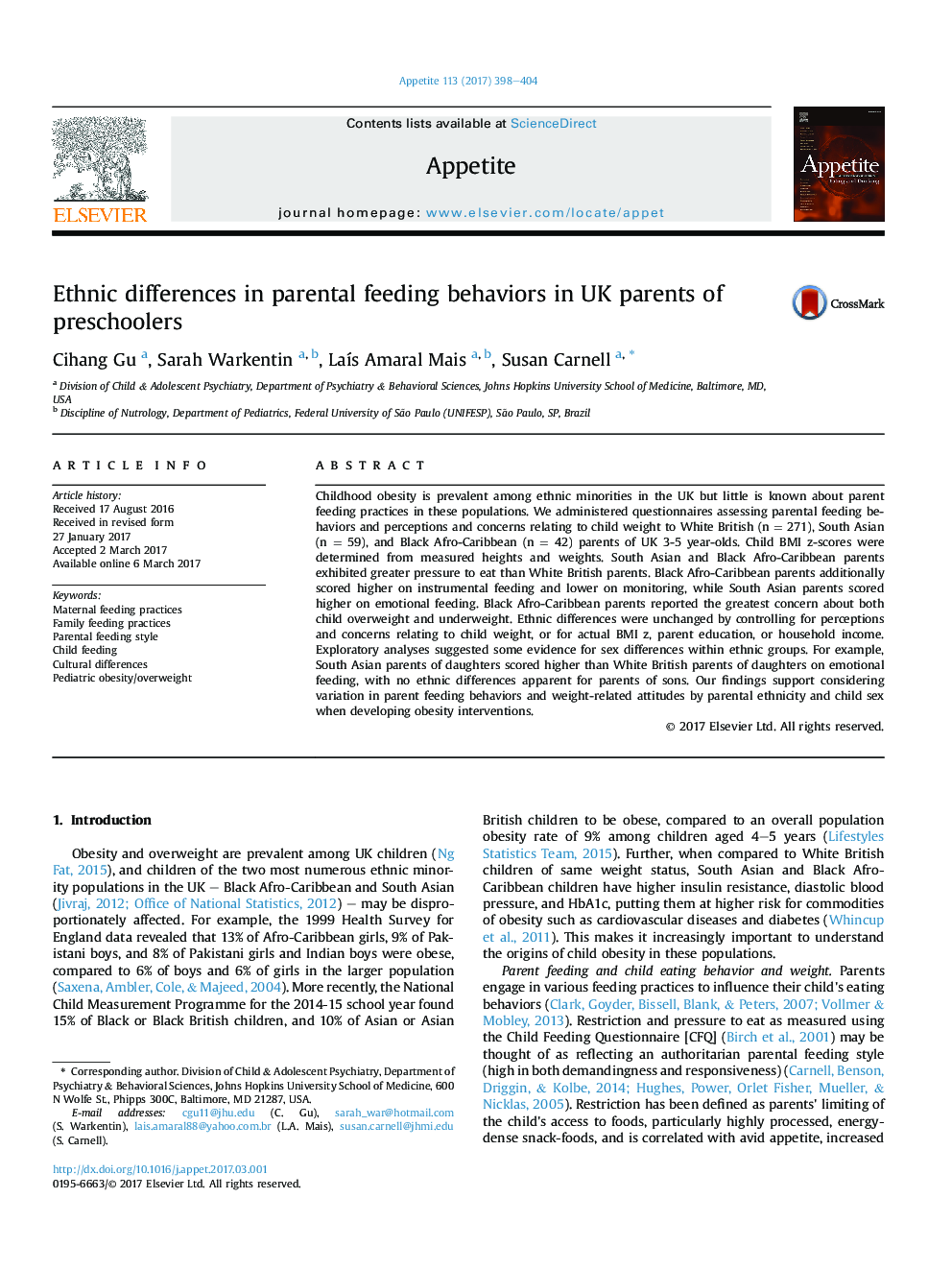 Ethnic differences in parental feeding behaviors in UK parents of preschoolers