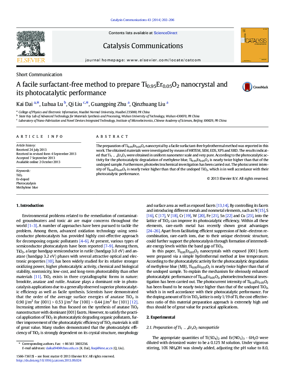 A facile surfactant-free method to prepare Ti0.95Er0.05O2 nanocrystal and its photocatalytic performance