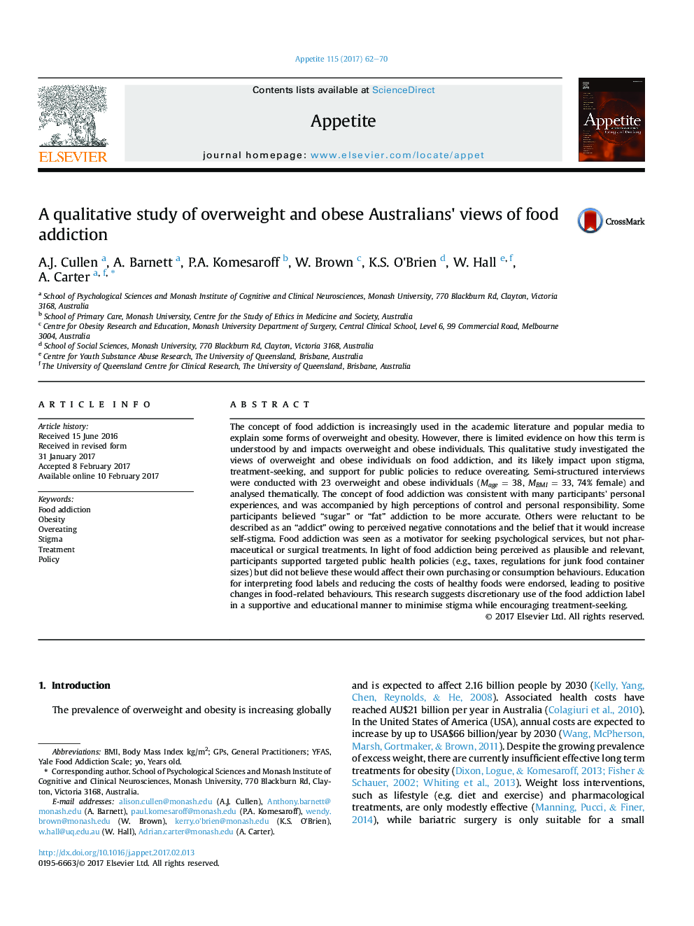 A qualitative study of overweight and obese Australians' views of food addiction