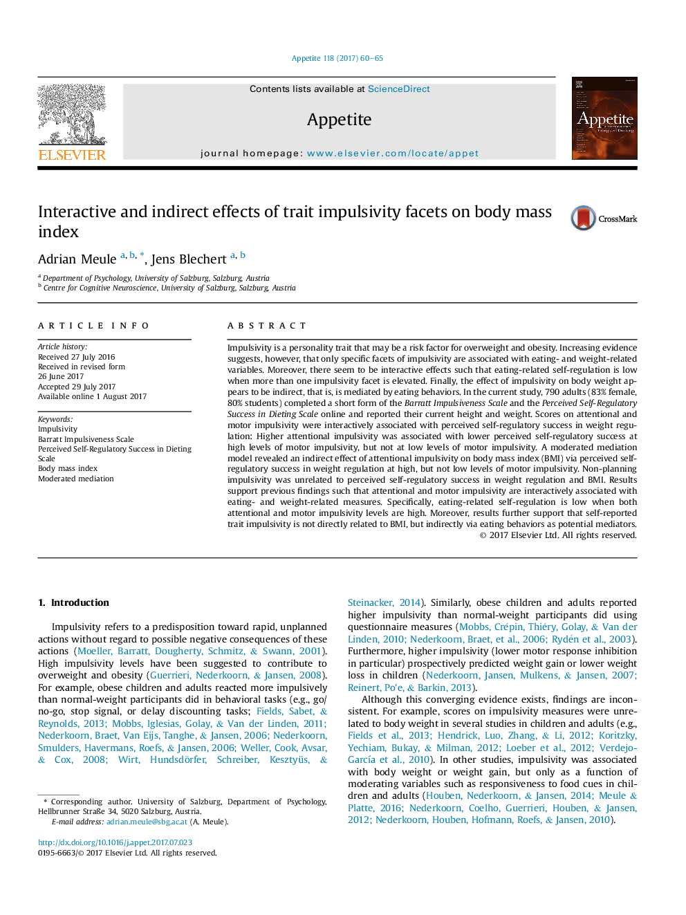 Interactive and indirect effects of trait impulsivity facets on body mass index