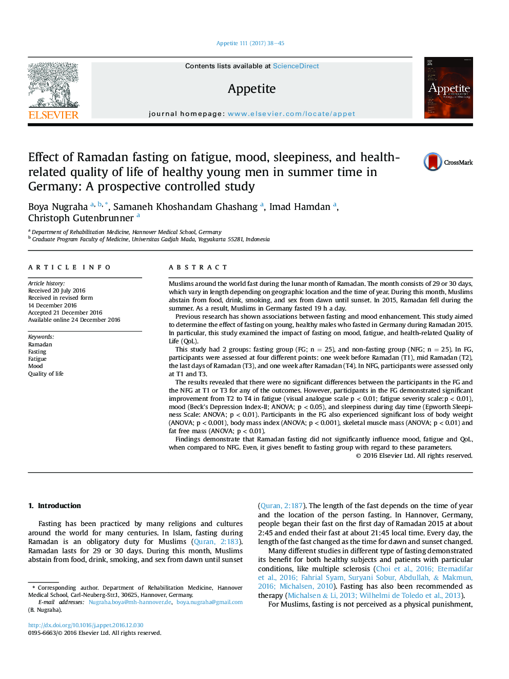 Effect of Ramadan fasting on fatigue, mood, sleepiness, and health-related quality of life of healthy young men in summer time in Germany: A prospective controlled study