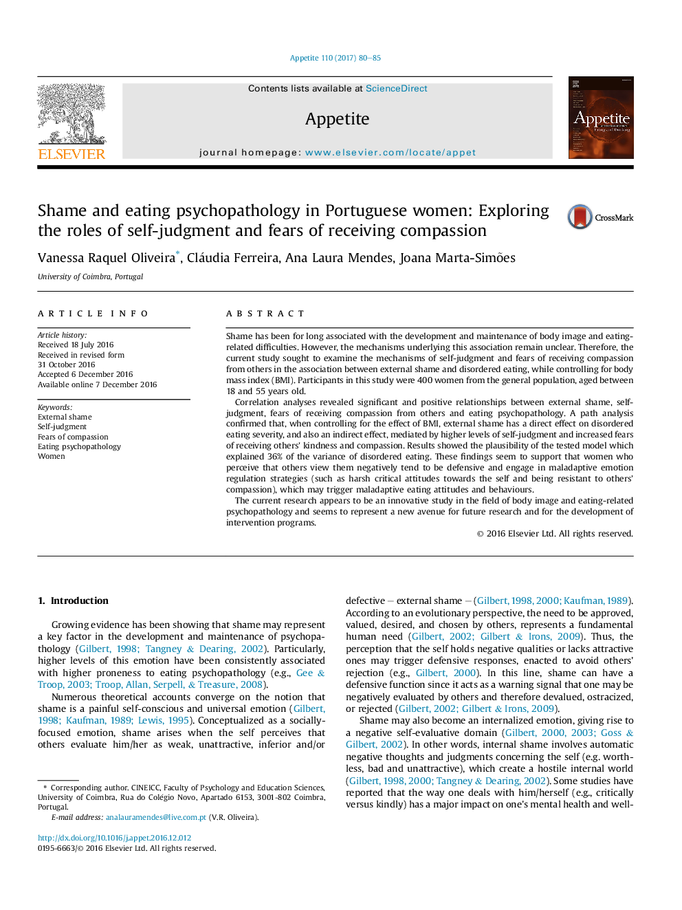 Shame and eating psychopathology in Portuguese women: Exploring the roles of self-judgment and fears of receiving compassion