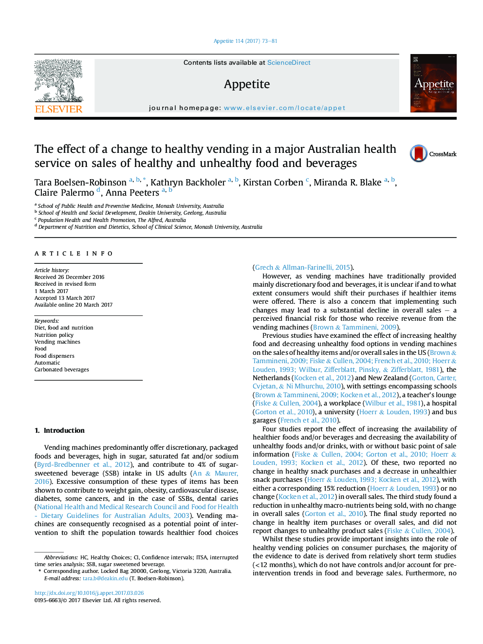 The effect of a change to healthy vending in a major Australian health service on sales of healthy and unhealthy food and beverages