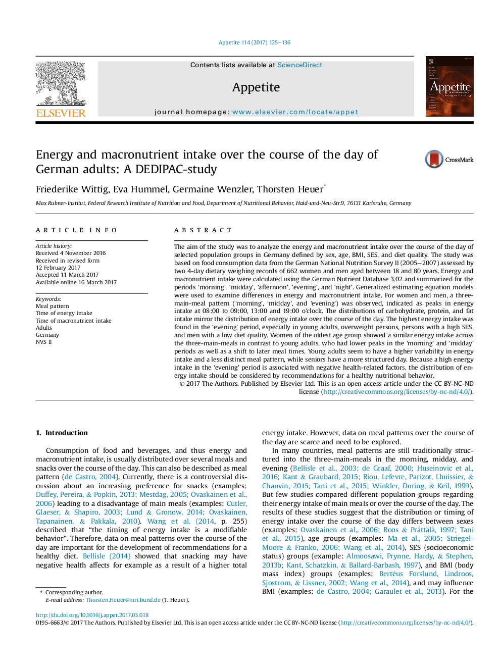 Energy and macronutrient intake over the course of the day of German adults: A DEDIPAC-study