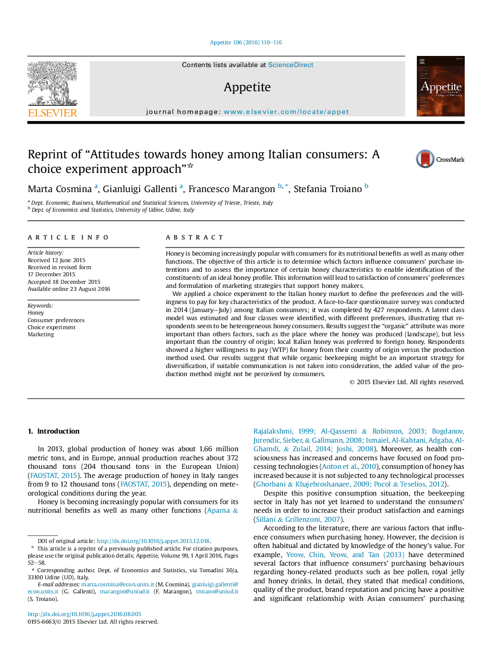 Reprint of “Attitudes towards honey among Italian consumers: A choice experiment approach”