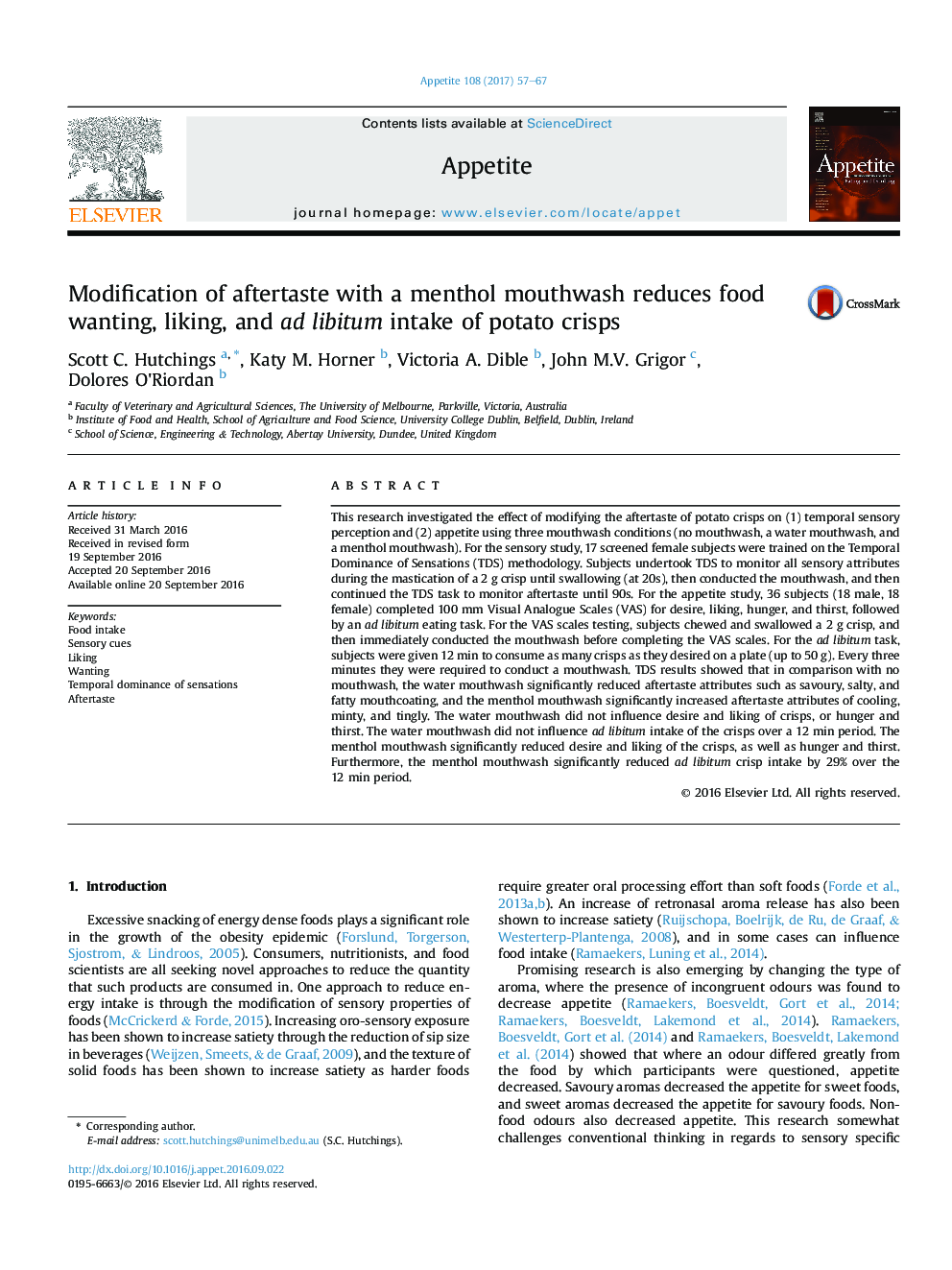 Modification of aftertaste with a menthol mouthwash reduces food wanting, liking, and ad libitum intake of potato crisps