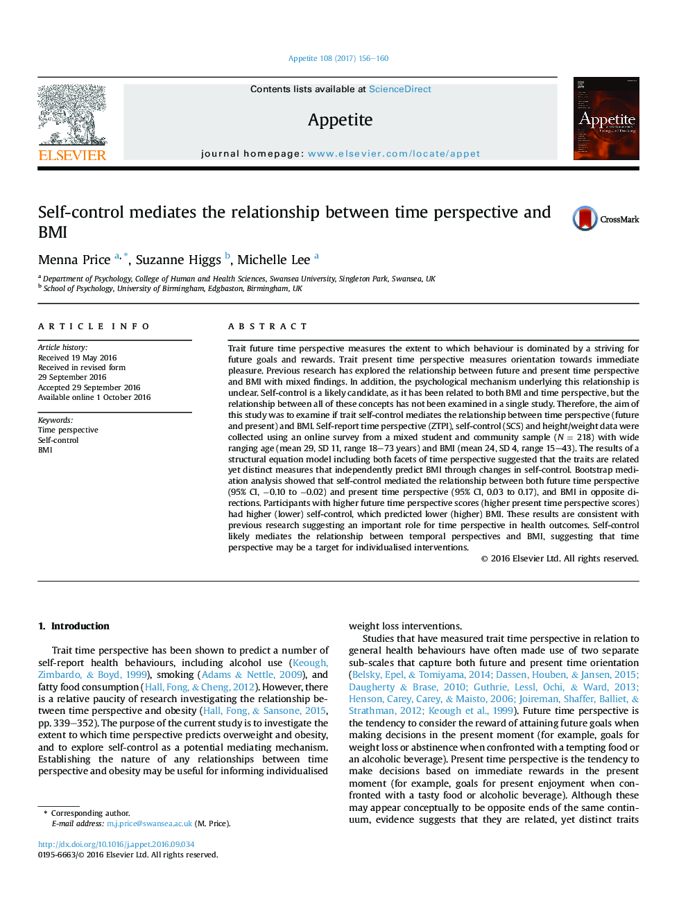 Self-control mediates the relationship between time perspective and BMI