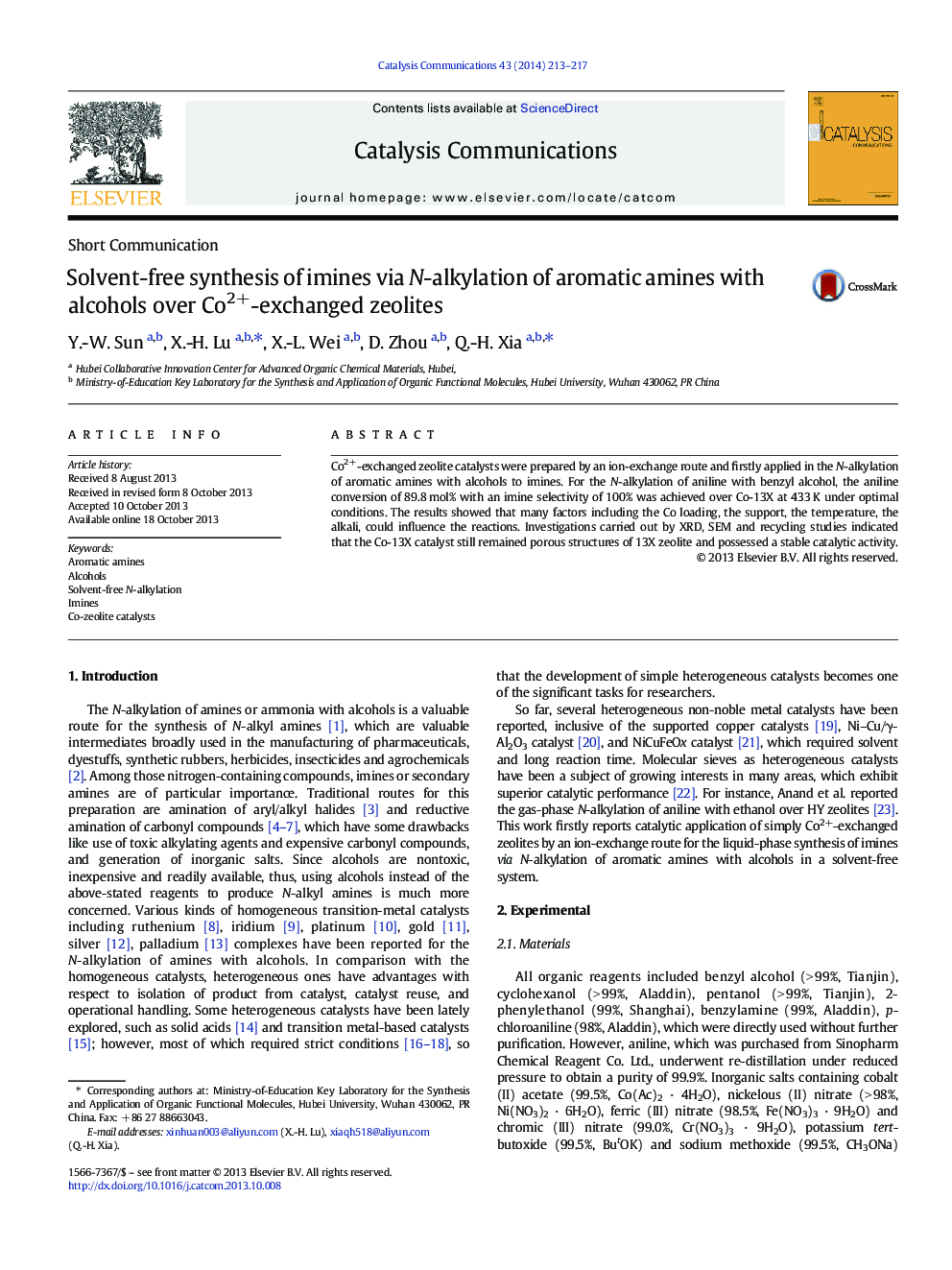 Solvent-free synthesis of imines via N-alkylation of aromatic amines with alcohols over Co2+-exchanged zeolites