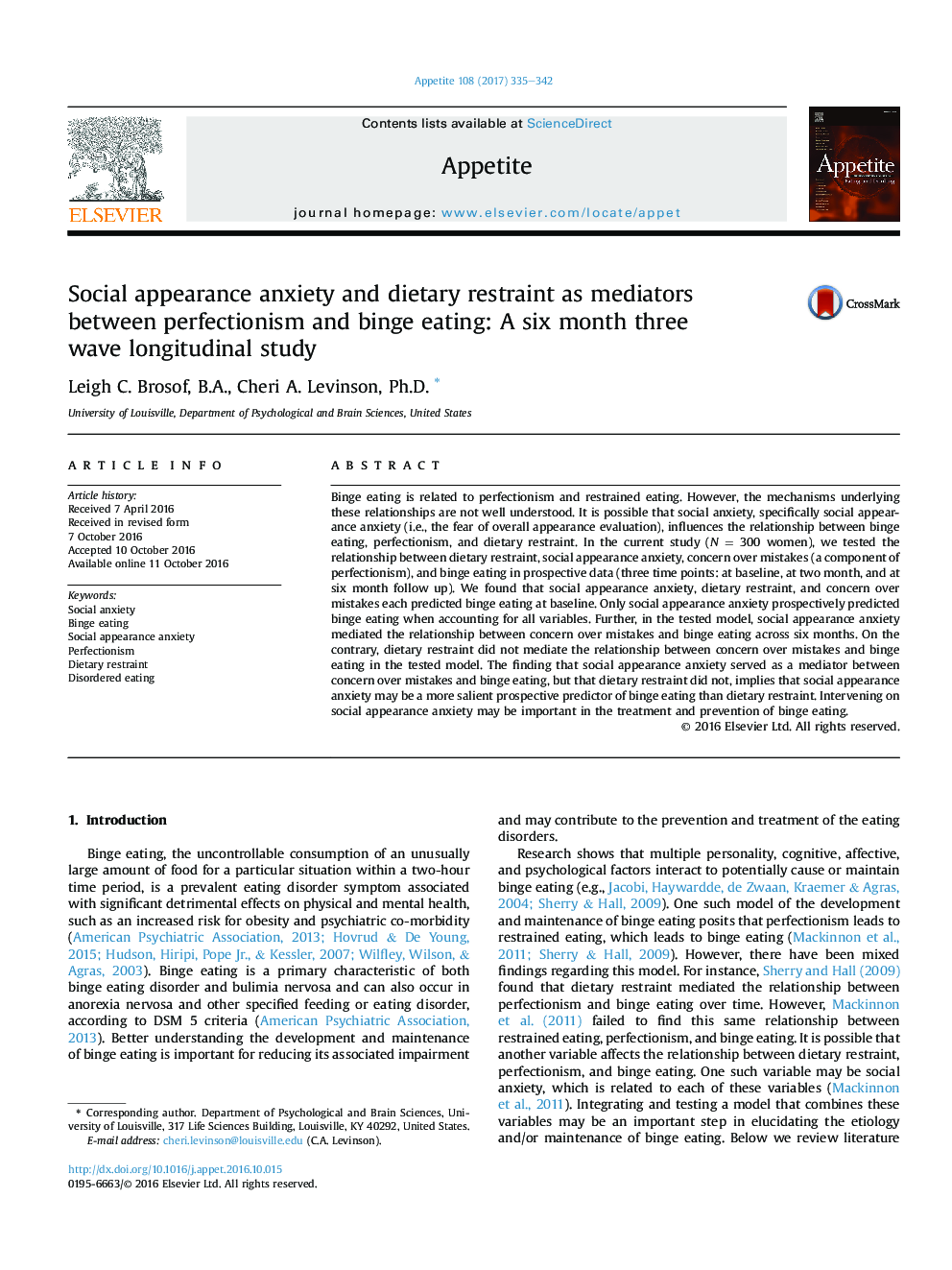 عکس صفحه اول مقاله: Social appearance anxiety and dietary restraint as mediators between perfectionism and binge eating: A six month three wave longitudinal study Social appearance anxiety and dietary restraint as mediators between perfectionism and binge eating: A six month three wave longitudinal study