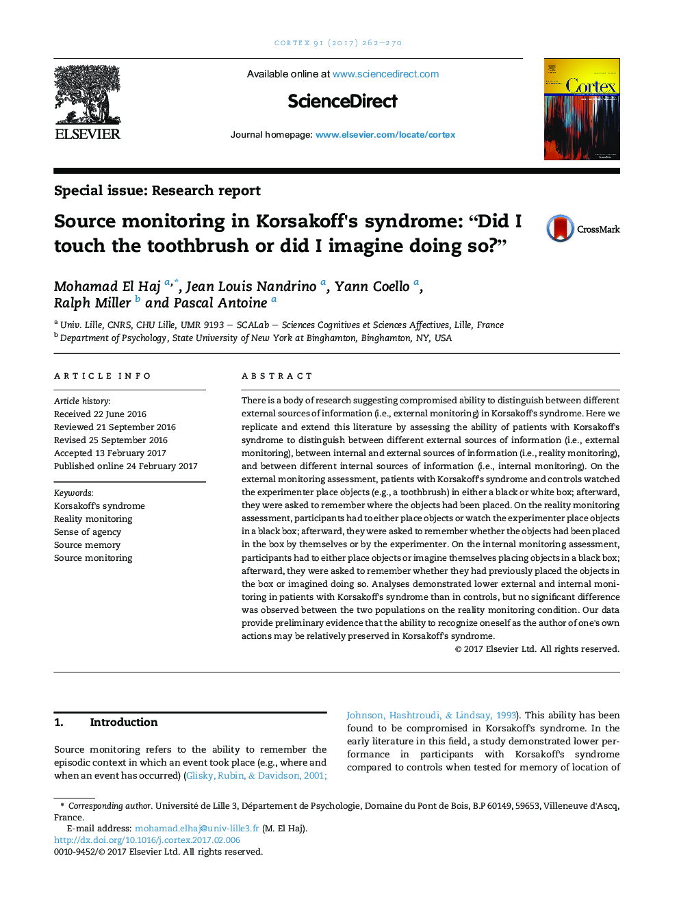 Source monitoring in Korsakoff's syndrome: “Did I touch the toothbrush or did I imagine doing so?”