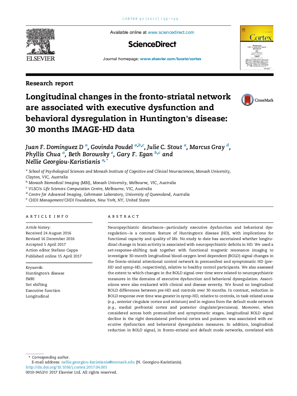 Longitudinal changes in the fronto-striatal network are associated with executive dysfunction and behavioral dysregulation in Huntington's disease: 30 months IMAGE-HD data