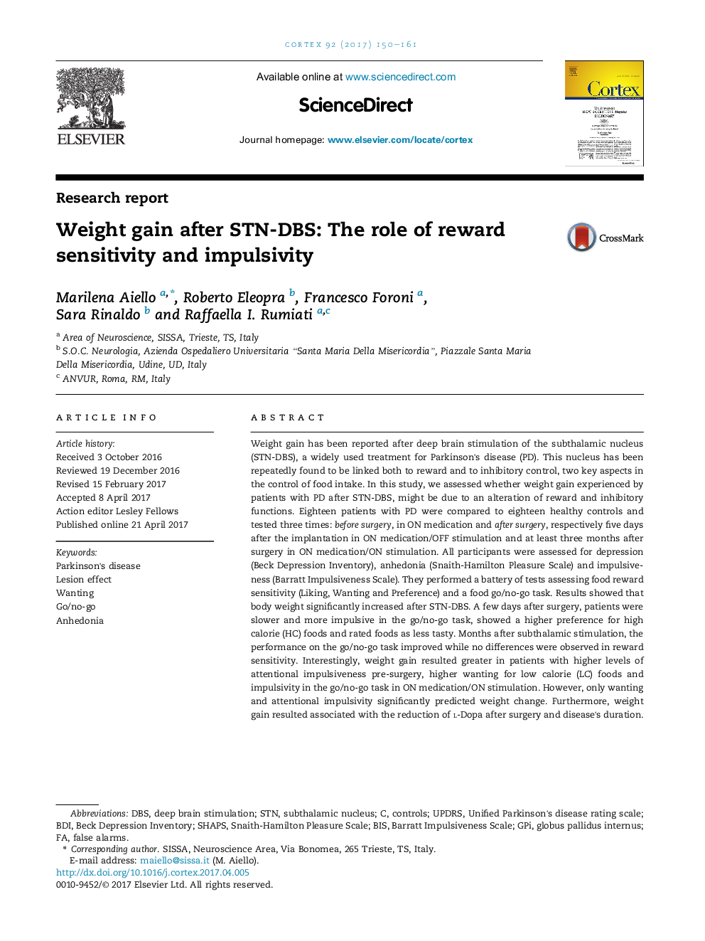 Weight gain after STN-DBS: The role of reward sensitivity and impulsivity