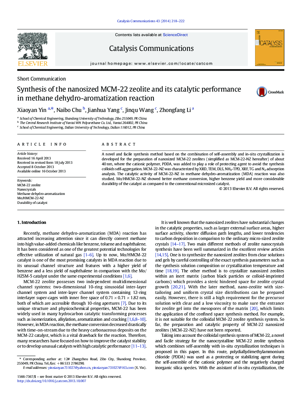 Synthesis of the nanosized MCM-22 zeolite and its catalytic performance in methane dehydro-aromatization reaction