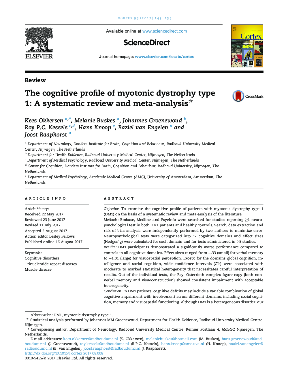 The cognitive profile of myotonic dystrophy type 1:Â A systematic review and meta-analysis