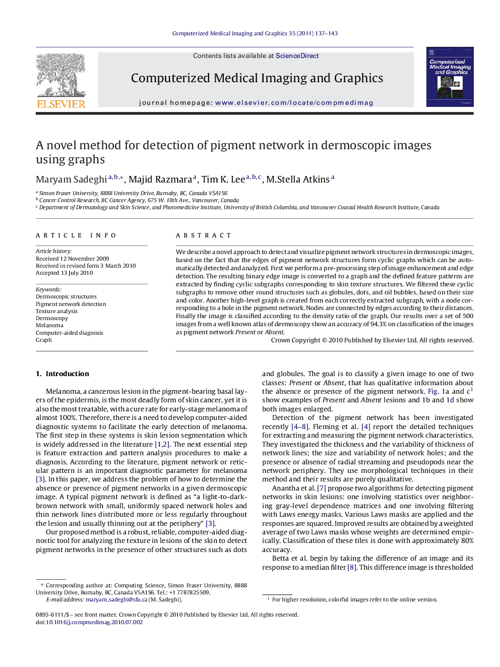 A novel method for detection of pigment network in dermoscopic images using graphs