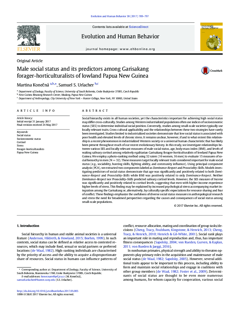 Male social status and its predictors among Garisakang forager-horticulturalists of lowland Papua New Guinea