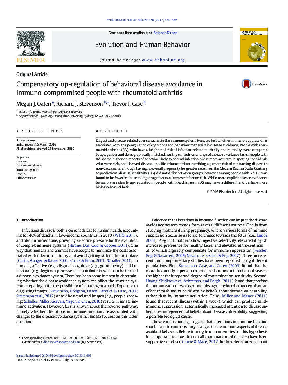 Compensatory up-regulation of behavioral disease avoidance in immuno-compromised people with rheumatoid arthritis