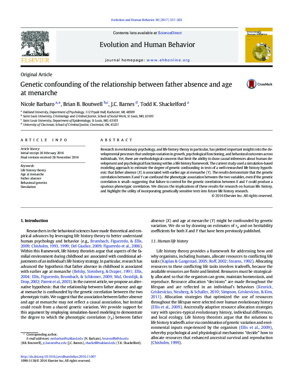 Genetic confounding of the relationship between father absence and age at menarche