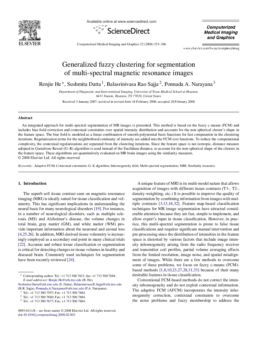 Generalized fuzzy clustering for segmentation of multi-spectral magnetic resonance images