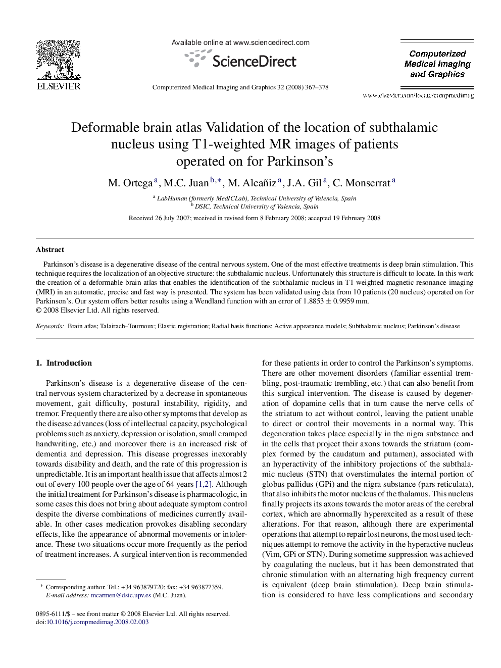 Deformable brain atlas: Validation of the location of subthalamic nucleus using T1-weighted MR images of patients operated on for Parkinson’s