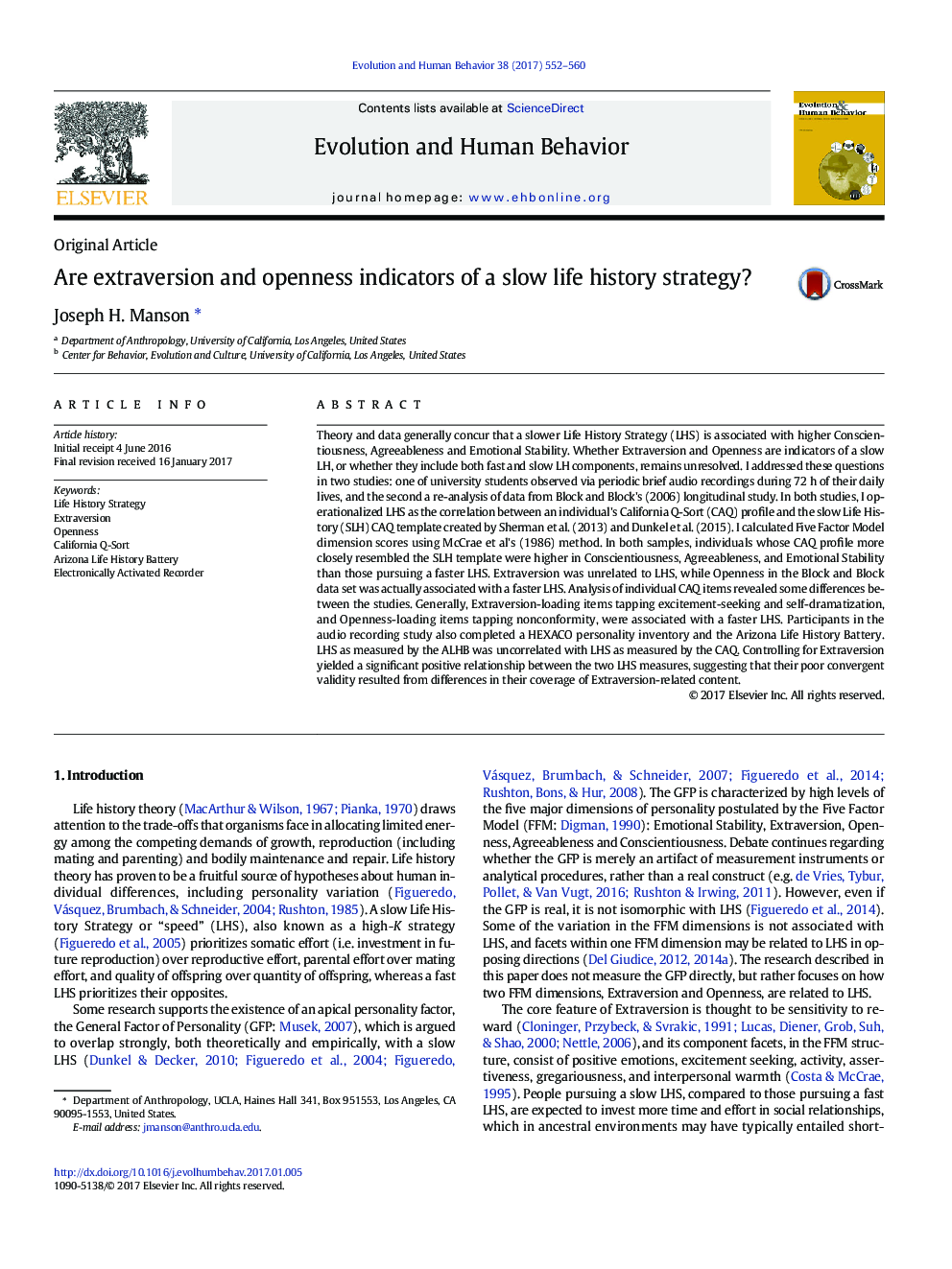 Are extraversion and openness indicators of a slow life history strategy?