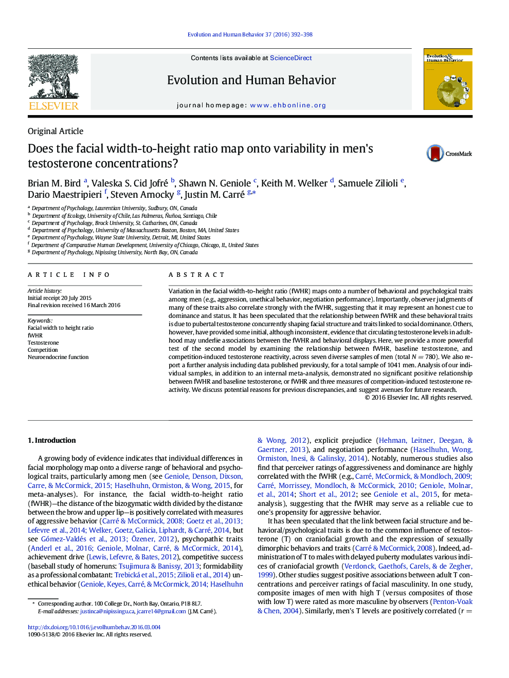 Does the facial width-to-height ratio map onto variability in men's testosterone concentrations?