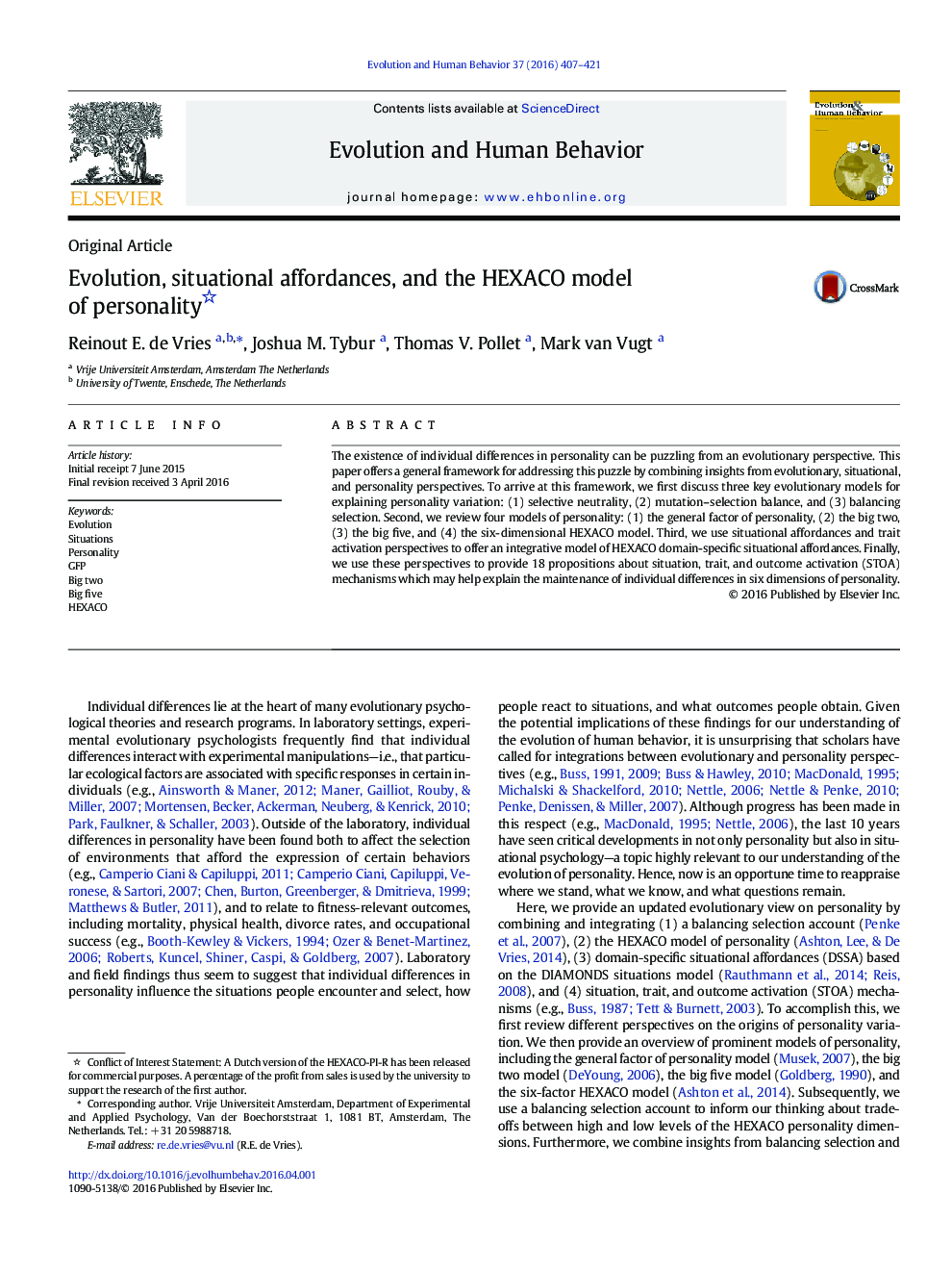 Evolution, situational affordances, and the HEXACO model of personality